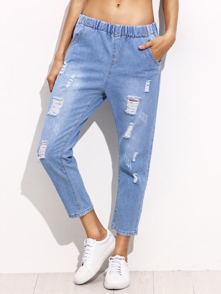 Shein Blue Ripped Bleach Wash Elastic Waist Ankle Jeans