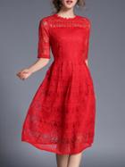 Shein Red Sheer Gauze Embroidered A-line Dress