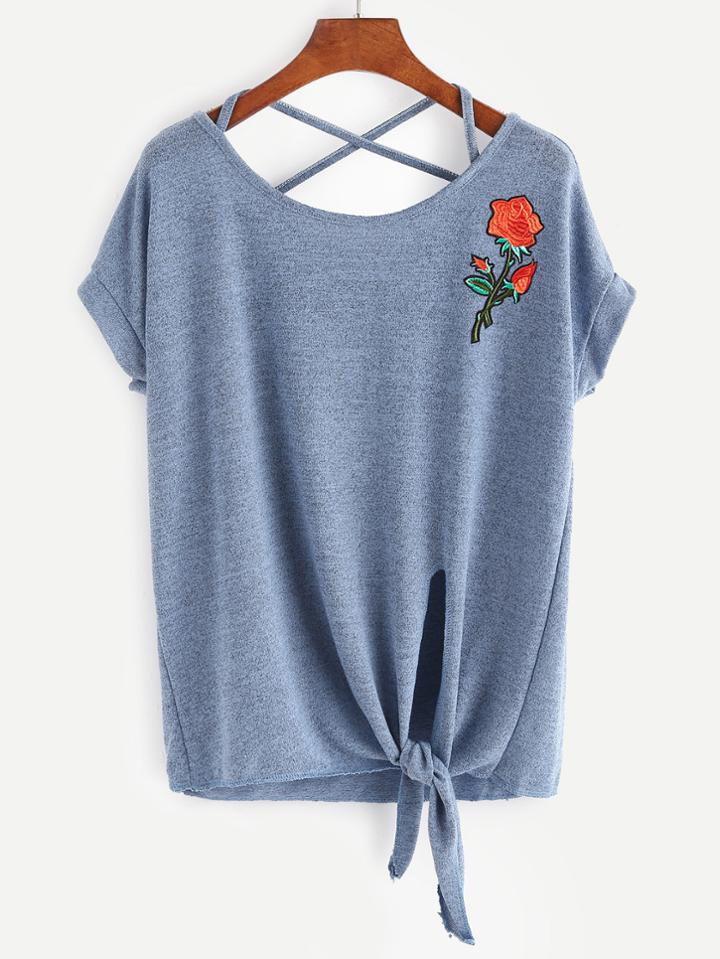 Shein Rose Appliques Crisscross Back Knot Side Tee
