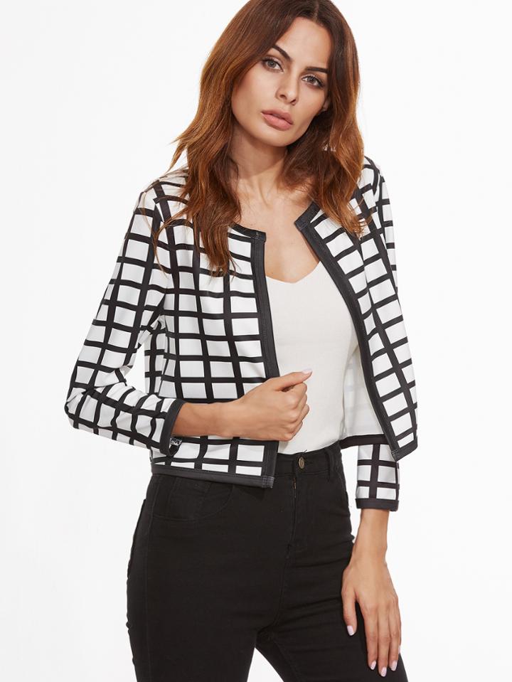 Shein White Grid Collarless Crop Jacket