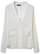 Shein White V Neck Pockets Blouse