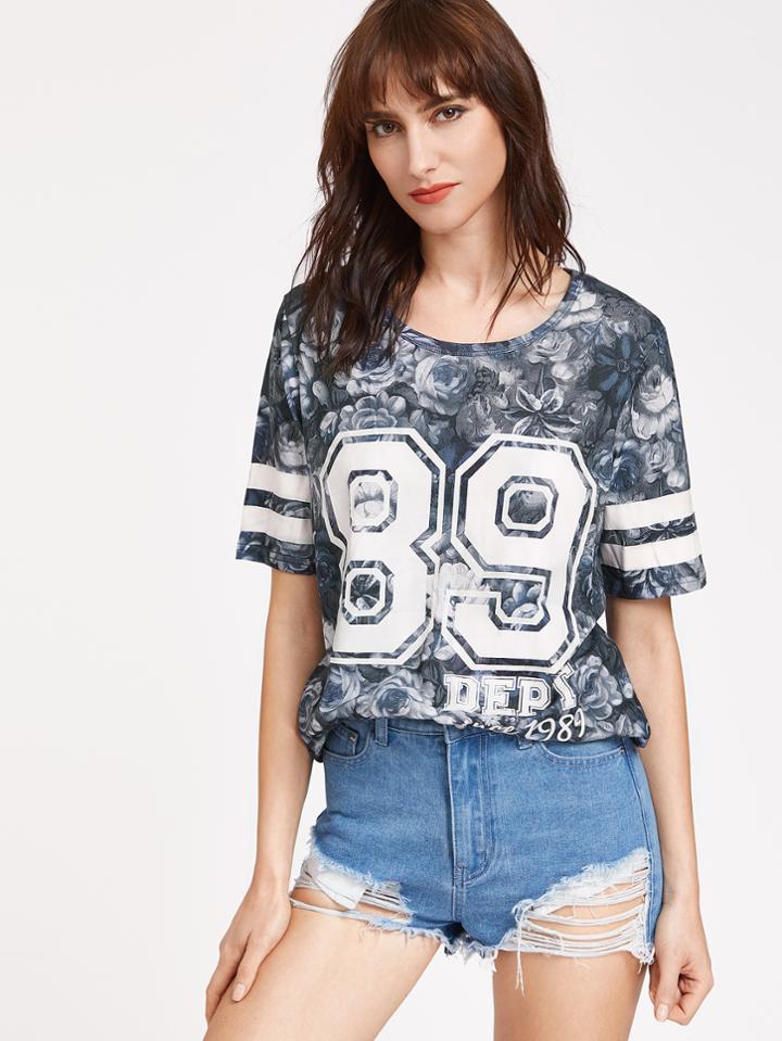 Shein Flower Print Varsity Tee