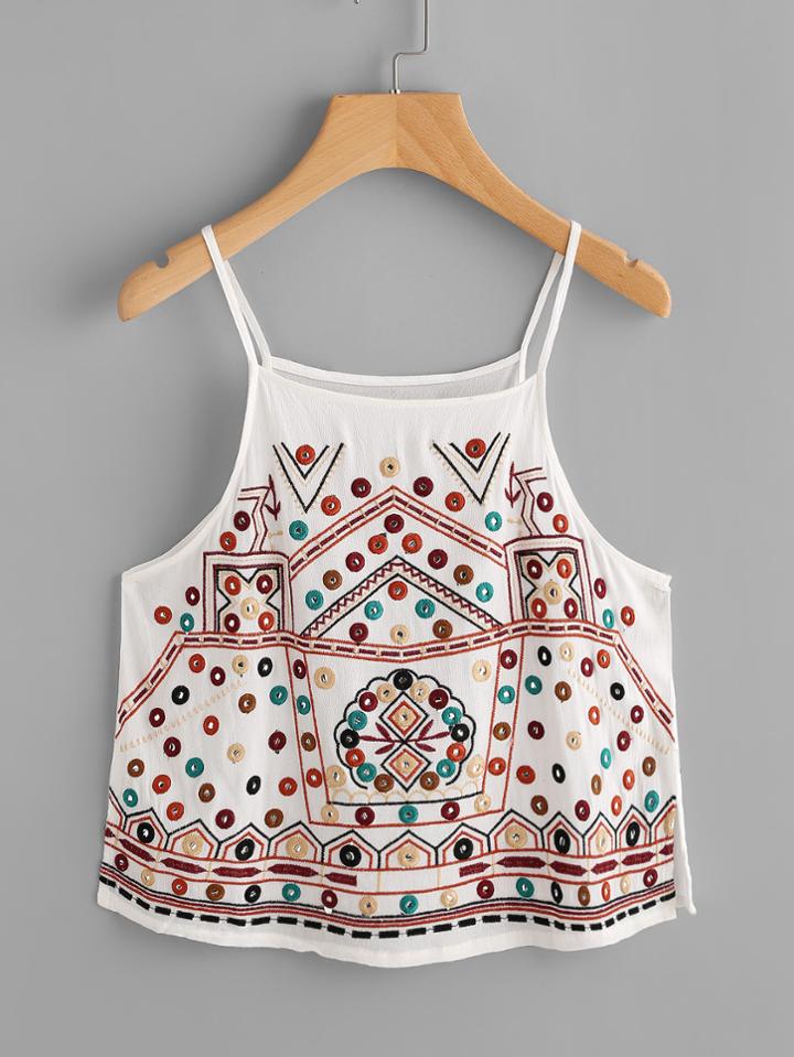 Shein Aztec Embroidered Slit Side Cami Top