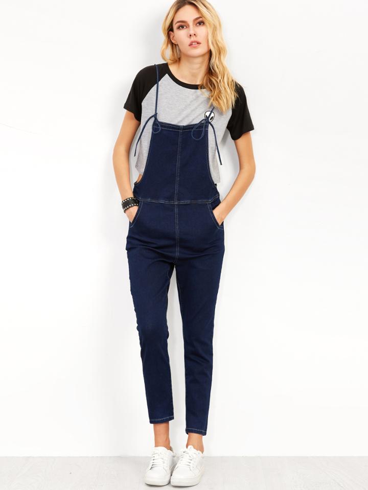 Shein Navy Knotted Strap Denim Overall Pants