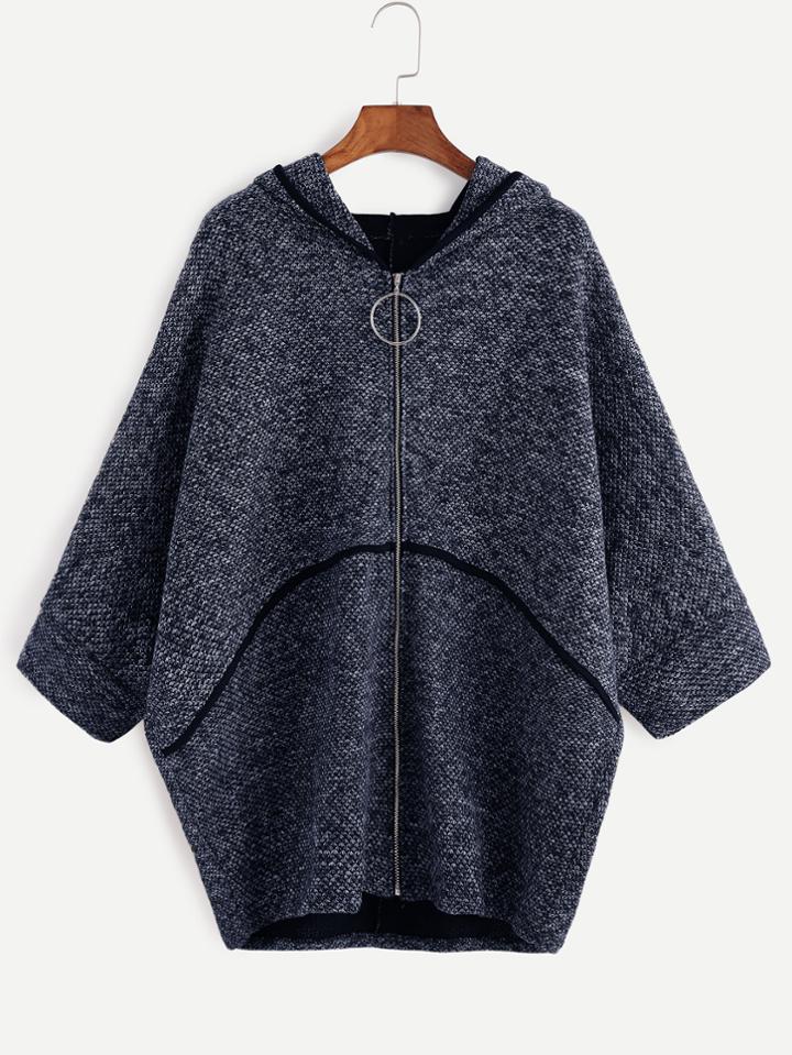 Shein Navy Batwing Sleeve Zipper Up Hooded Coat