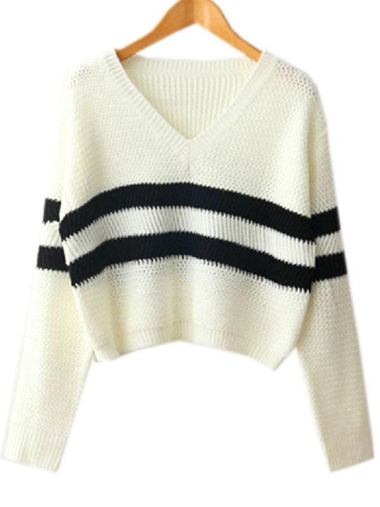 Shein White V Neck Striped Crop Knit Sweater