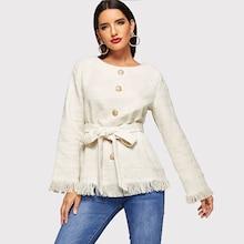 Shein Raw Hem Belted Tweed Coat