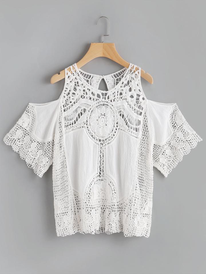 Shein Open Shoulder Keyhole Back Hollow Out Crochet Top