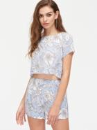 Shein Flower And Stripe Print Crop Top And Shorts Co-ord