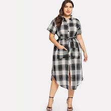 Shein Plus Dual Pocket Belted Plaid Shirt Dress
