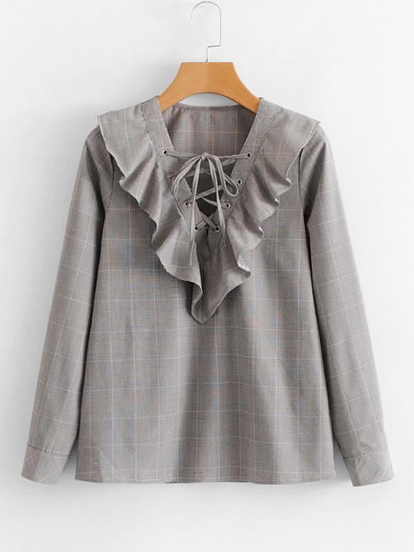 Shein Lace Up Glen Plaid Flounce Blouse