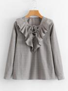 Shein Lace Up Glen Plaid Flounce Blouse