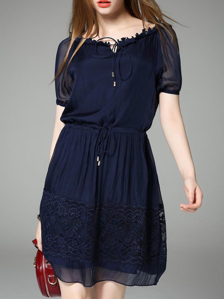 Shein Navy Tie Neck Drawstring Shift Lace Dress