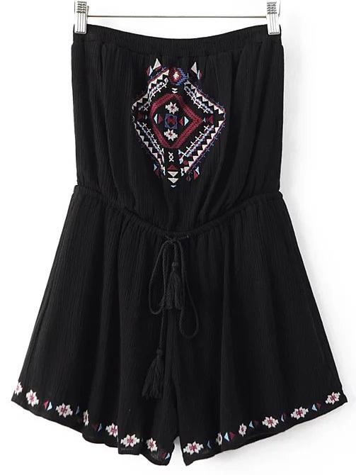 Shein Black Embroidery Drawstring Siamese Trousers