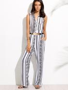 Shein White Sleeveless Meander Pattern Belt Jumpsuit