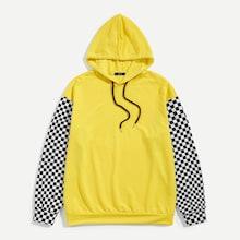 Shein Men Gingham Sleeve Drawstring Hoodie