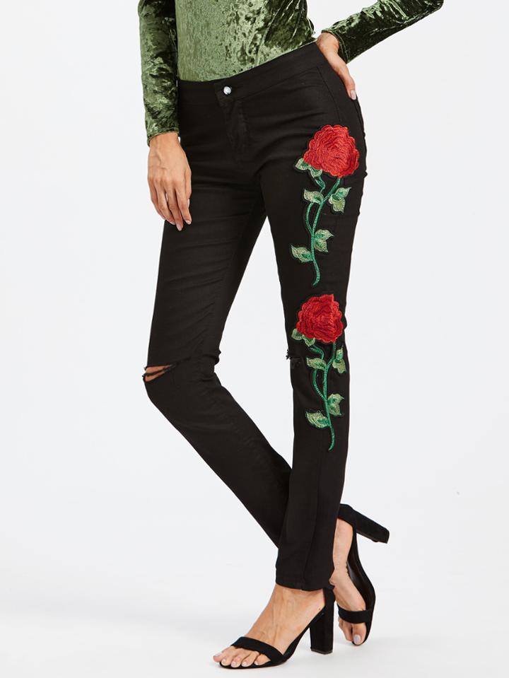 Shein Rose Embroidered Knee Rips Jeans