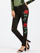 Shein Rose Embroidered Knee Rips Jeans