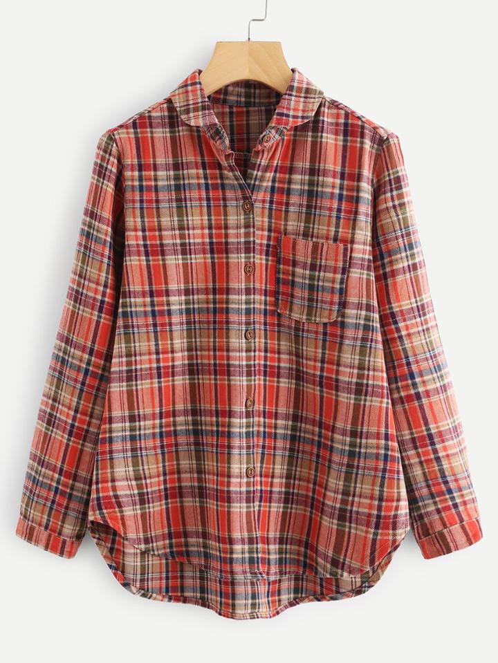 Shein Front Pocket Dolphin Hem Plaid Blouse
