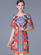 Shein Multicolor Round Neck Half Sleeve Vintage Print Dress