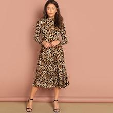 Shein Mock-neck Keyhole Back Fit And Flare Leopard Dress