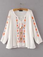 Shein White Embroidery Asymmetrical Blouse With Tassel Tie