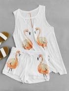 Shein Flamingo Print V Cut Tank Top With Shorts