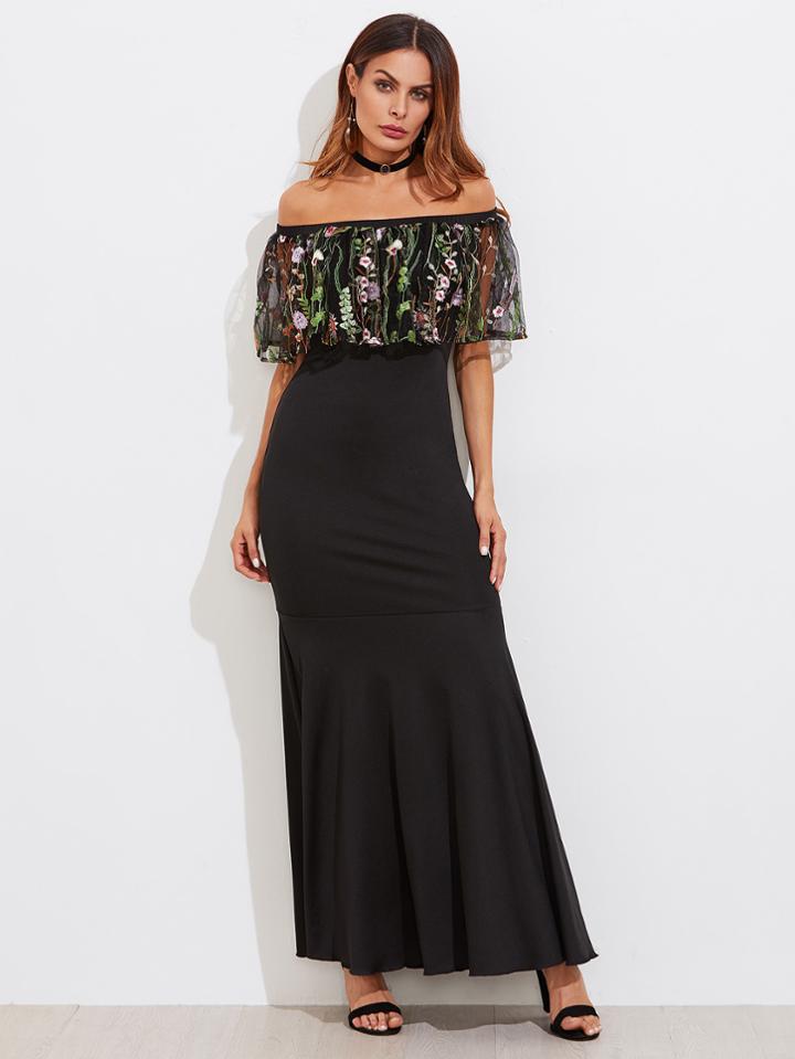 Shein Embroidered Mesh Flounce Trim Fishtail Dress