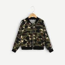 Shein Girls Lettering Tape Detail Camo Bomber Jacket