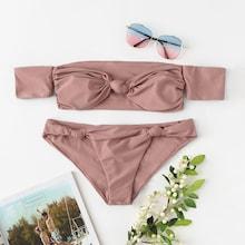 Shein Off The Shoulder Knot Plain Bikini Set
