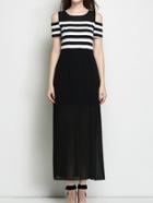 Shein Black White Cold Shoulder Striped Split Dress