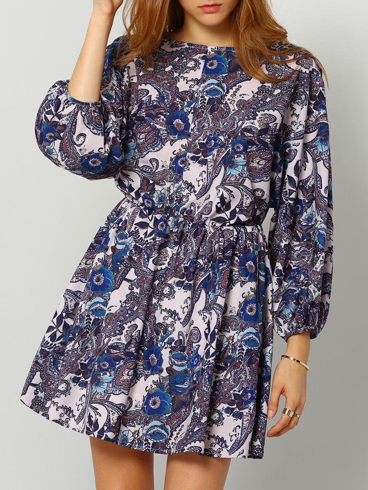Shein Multicolour V Neck Vintage Print Dress