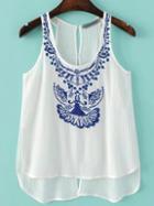 Shein Blue Embroidery Dipped Hem Tank Top