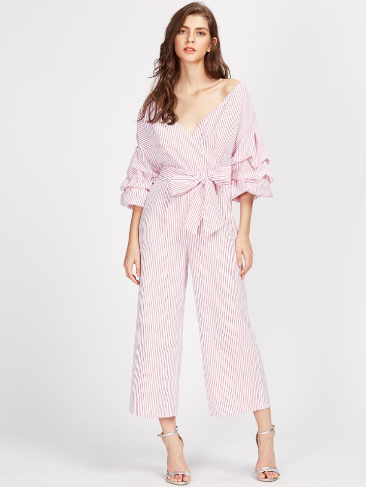 Shein Drop Shoulder Gathered Sleeve Surplice Wrap Pinstripe Jumpsuit