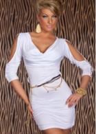 Rosewe Wonderful Cowl Neck Cutout Shoulder Ruched Dress White