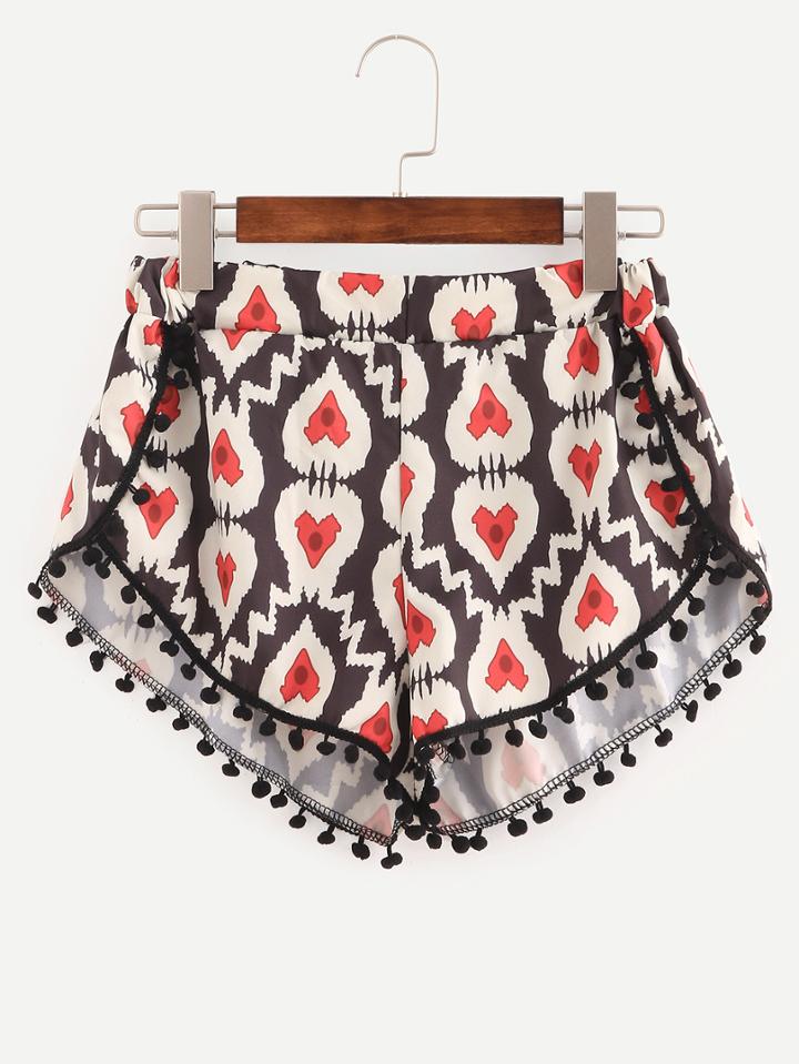 Shein Multicolor Elastic Waist Heart Print Pom Pom Shorts