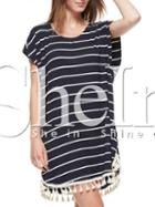 Shein Navy Short Sleeve Tassel Trimmed Striped T-shirt Dress