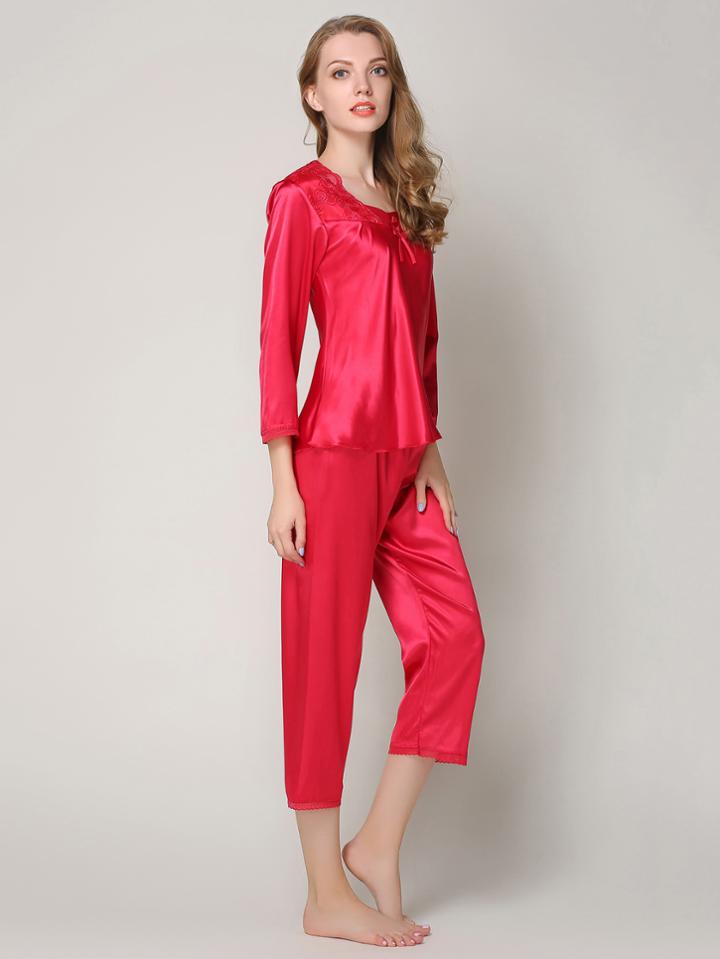 Shein Lace Trim Satin Top & Pants Pj Set