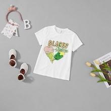 Shein Girls Seqin Letter And Ice Cream Front Tee