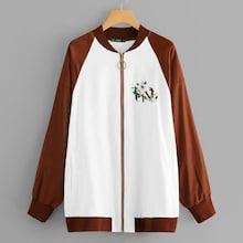 Shein Plus Flower Embroidered Two Tone Bomber Jacket