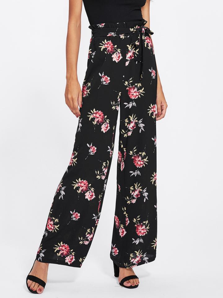 Shein Frilled Waist Floral Wide Leg Pants