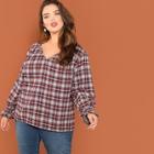 Shein Plus V-neck Shirred Panel Plaid Top