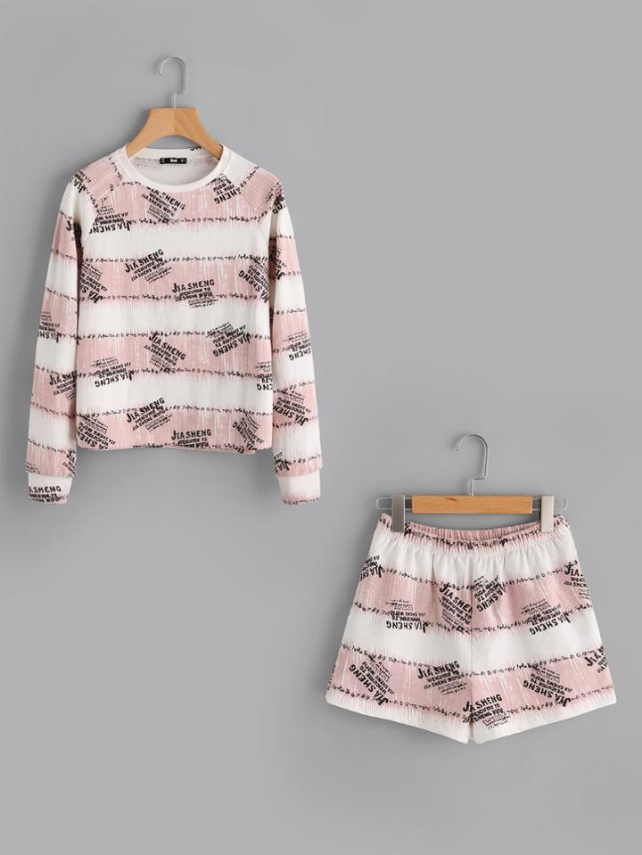Shein Letter Print Sweatshirt And Pocket Back Shorts Set