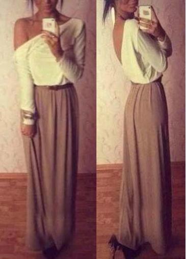 Rosewe White And Coffee Open Back Maxi Dress