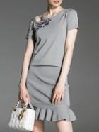 Shein Grey Knit Hollow Sequined Top With Frill Skirt