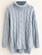 Shein Blue Cable Knit Roll Neck Dip Hem Sweater