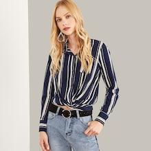 Shein Twist Up Pocket Collar Neck Striped Top