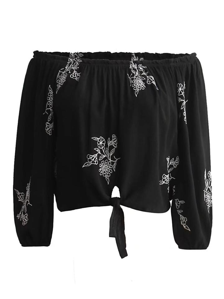 Shein Boat Neckline Knot Front Embroidered Top