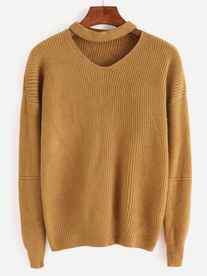 Shein Khaki Cut Out Front Sweater