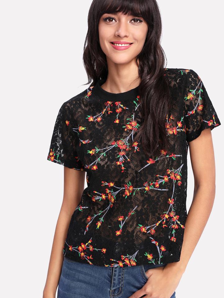 Shein Botanical Print Lace Top